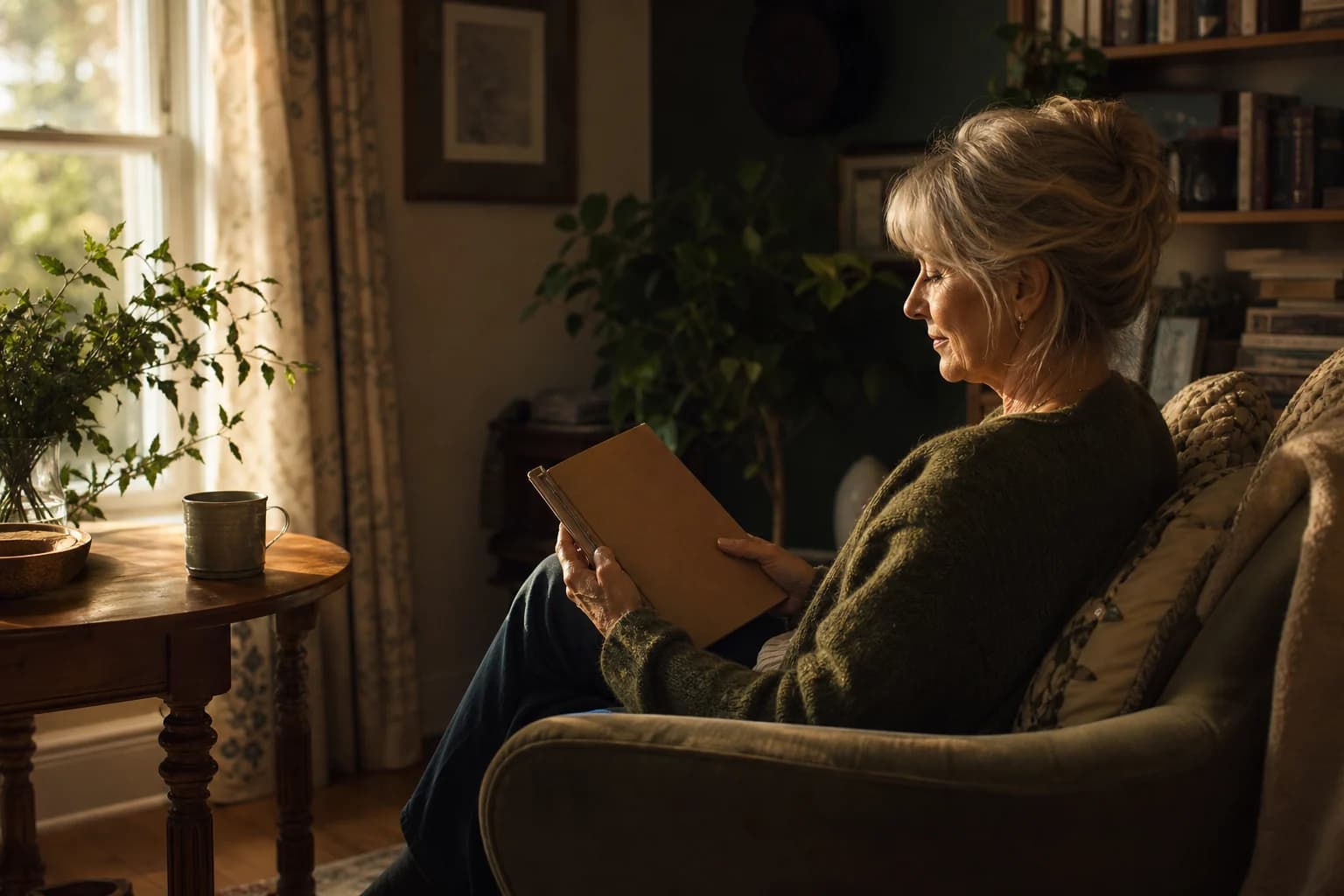 A woman sitting comfortably at home with her personal notebook