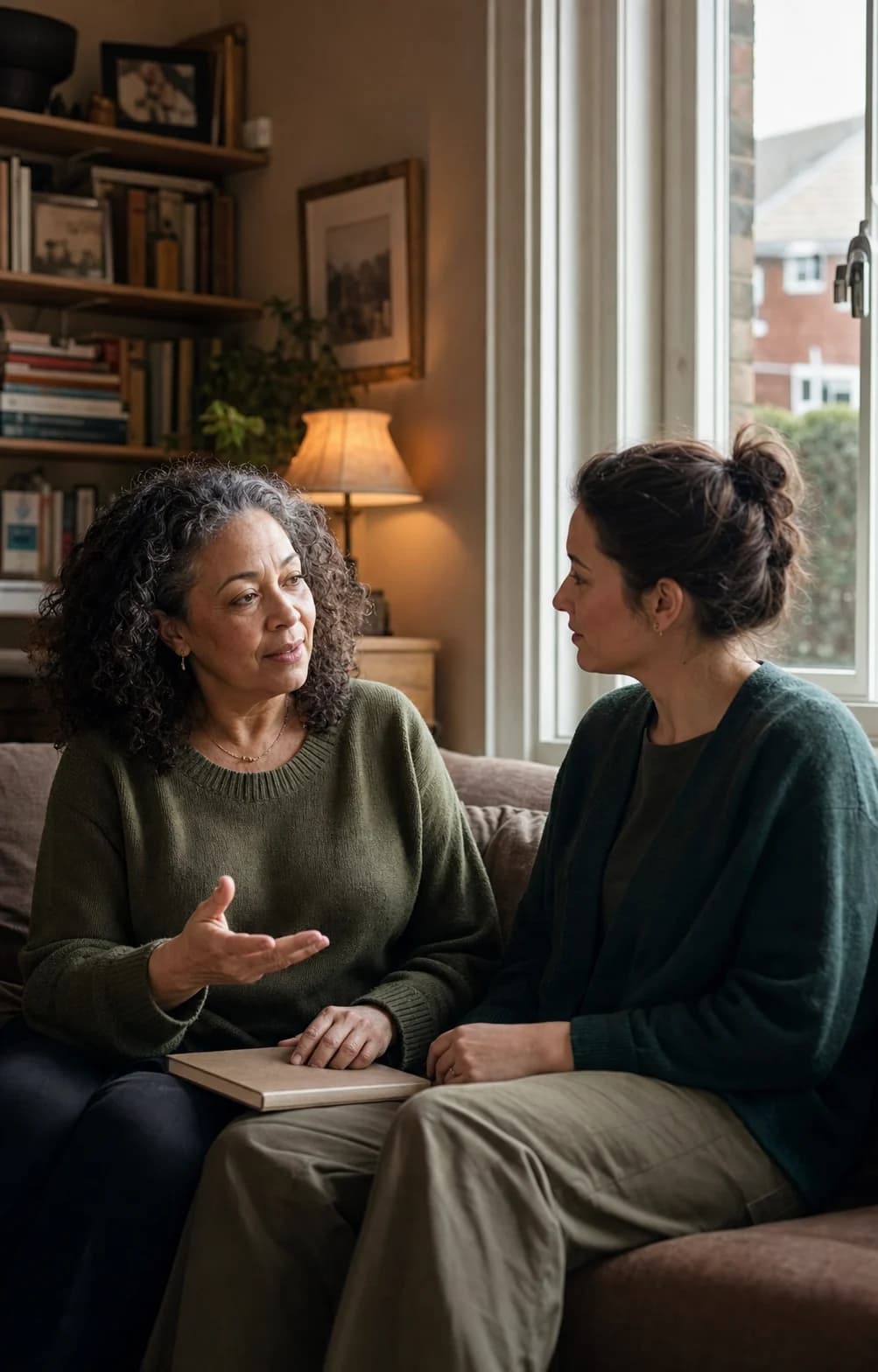 A mother and adult daughter having a calm conversation at home