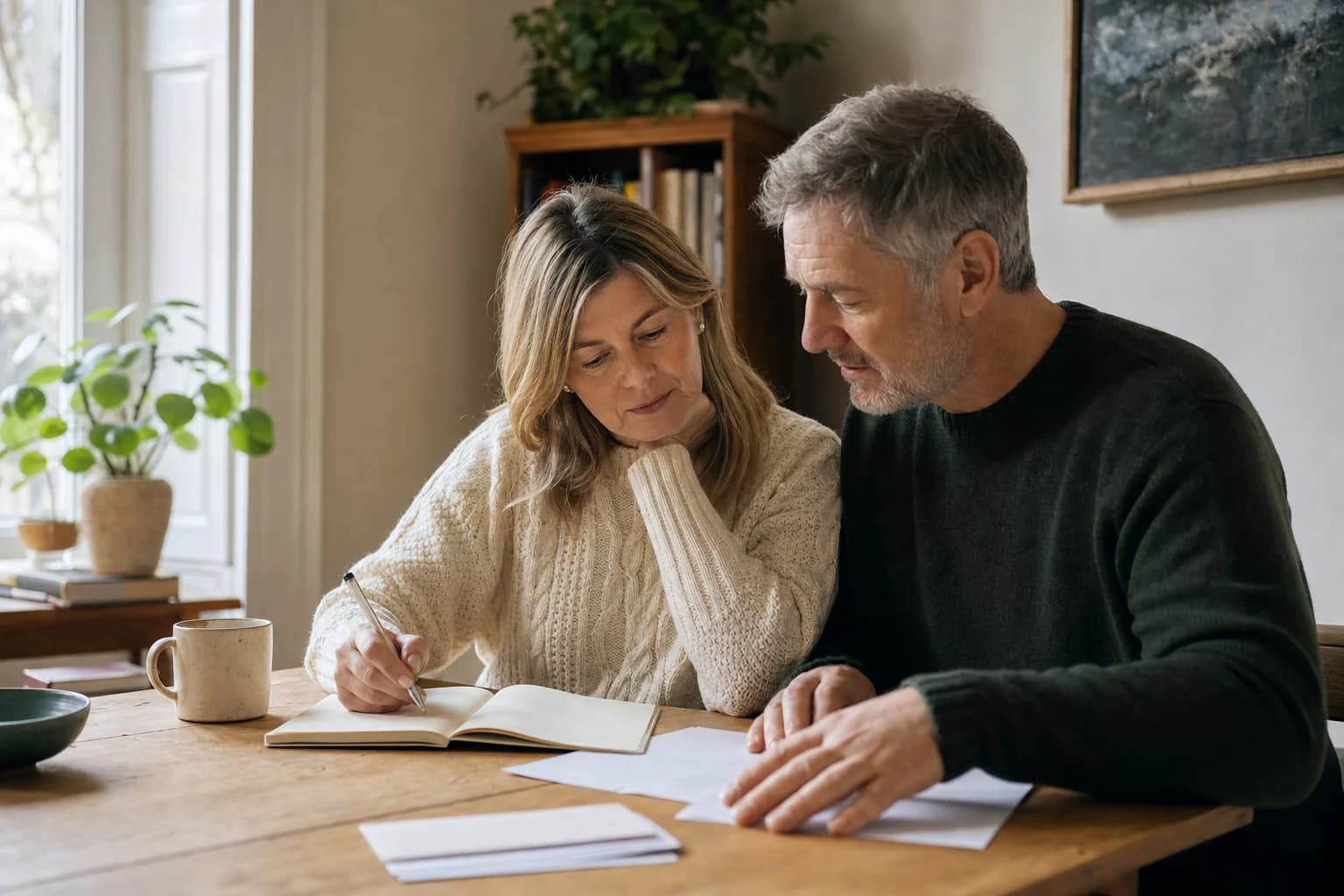 A couple organising important information together at their dining table